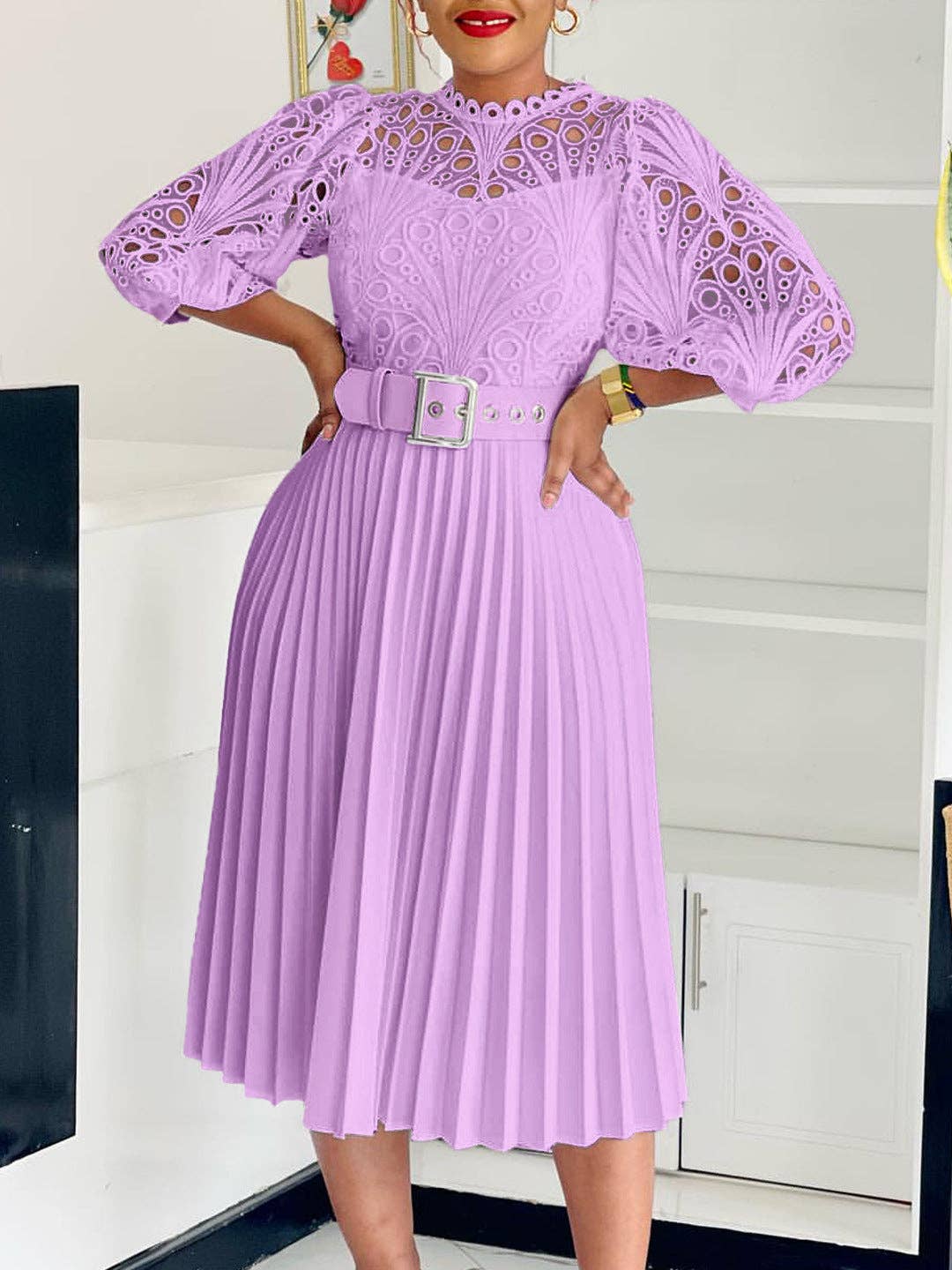 DREAM VERA APPAREL - Elegant Solid Color Lace Midi Dress with Pleats