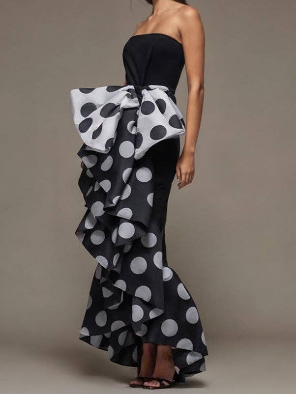 Skinny Bow Pleated Polka Dot Tube Dress