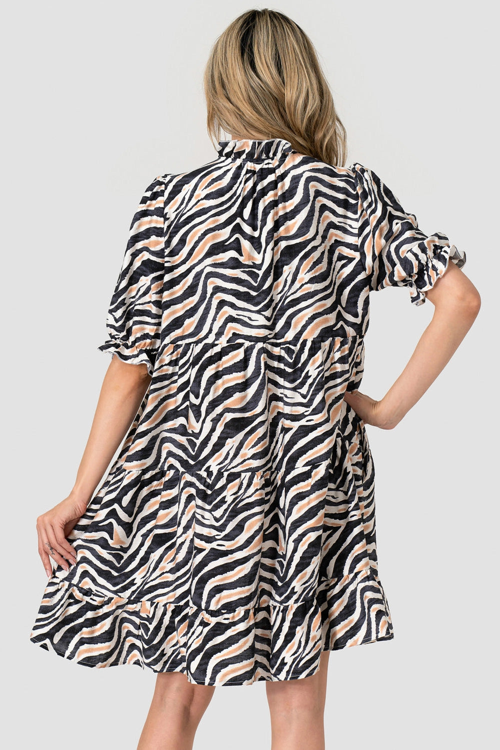 Shelly Dress – Short Sleeve Ruffle Black Animal Print