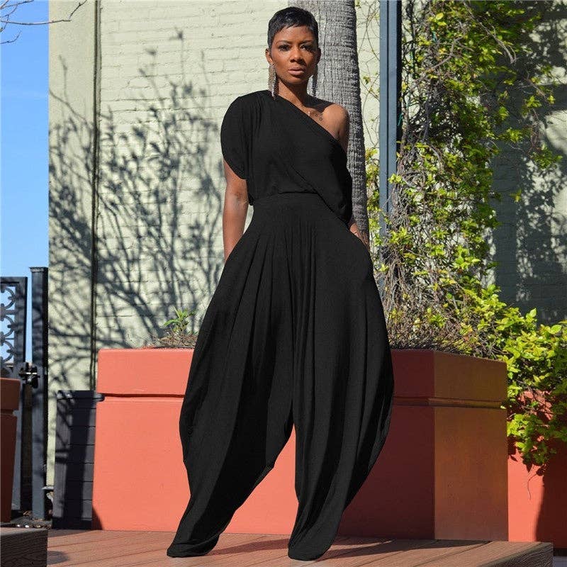 Solid Color Off Shoulder  Harem Pants  suit