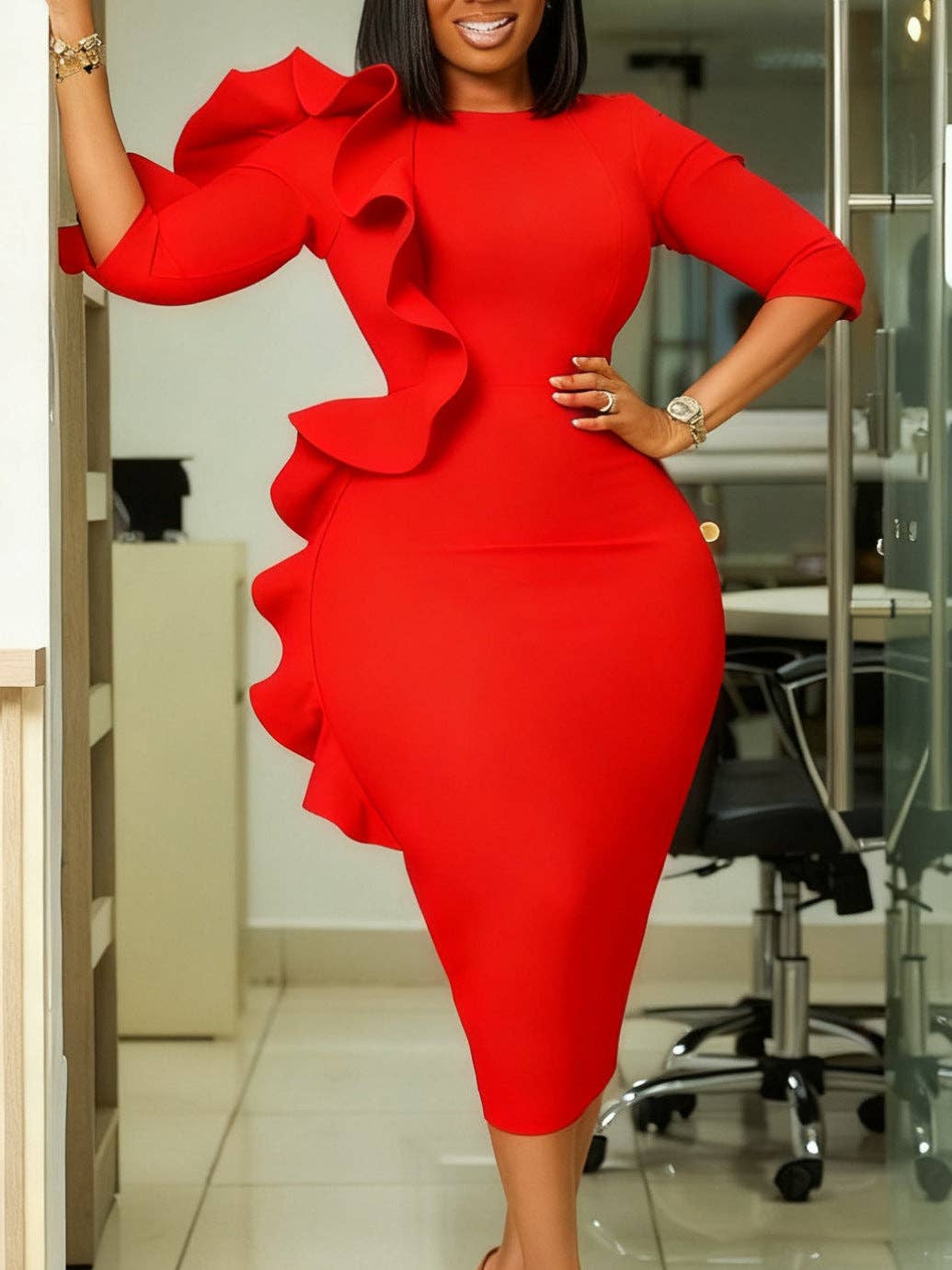 DREAM VERA APPAREL - Elegant Ruffle Hem Midi Dress with Short Sleeves