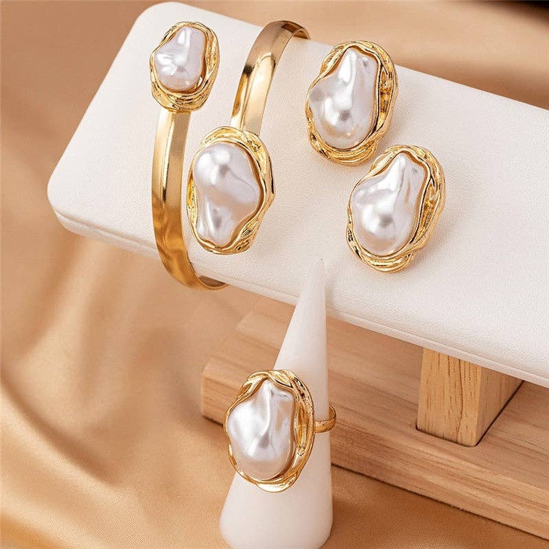 Simulated Pearl Earrings Ring Bracelet Set