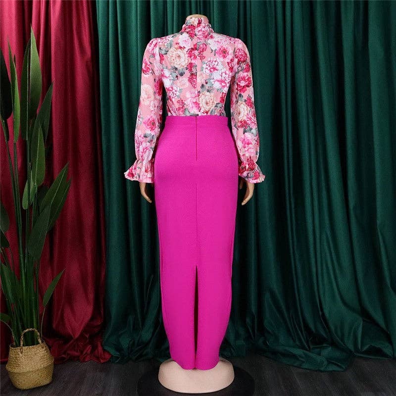 Fashion Printed Long Sleeve Shirt Half Body Skirt Set