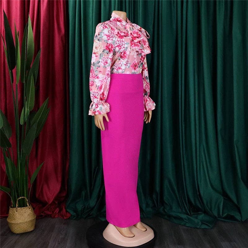 Fashion Printed Long Sleeve Shirt Half Body Skirt Set