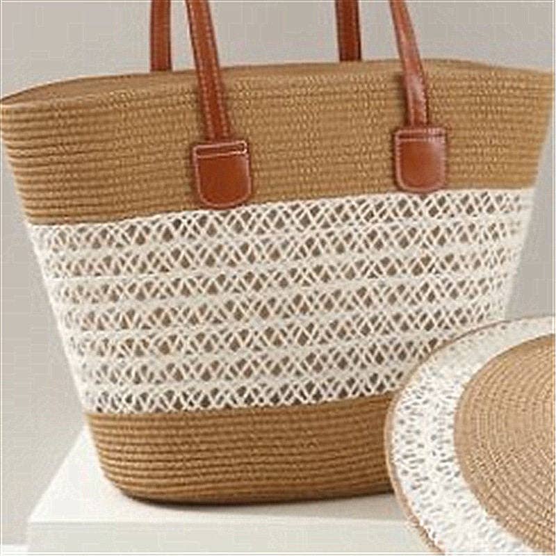 Large Capacity Straw Tote Bag & Wide Brim Sun Hat Set For Outdoor Travel