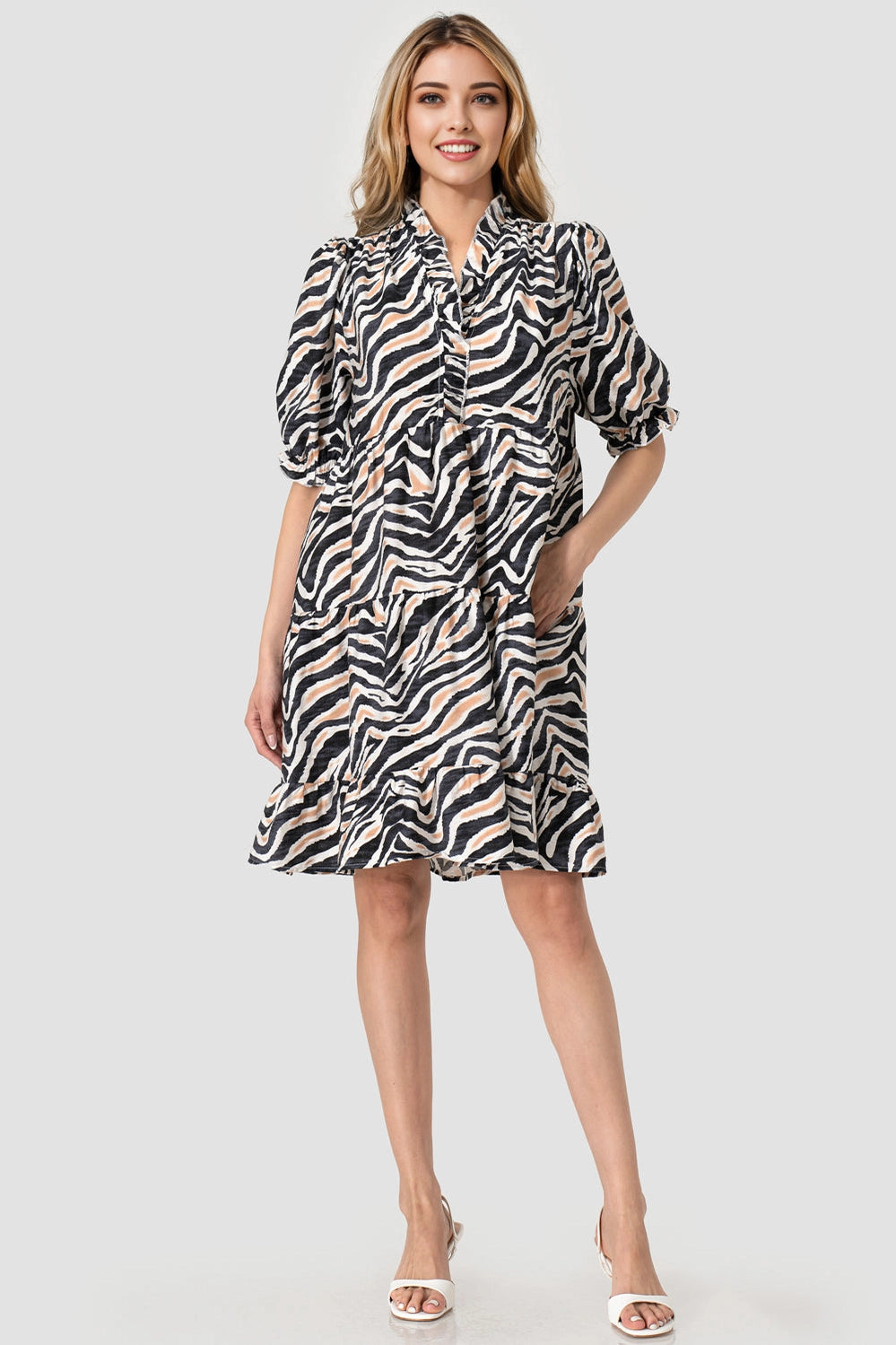 Shelly Dress – Short Sleeve Ruffle Black Animal Print