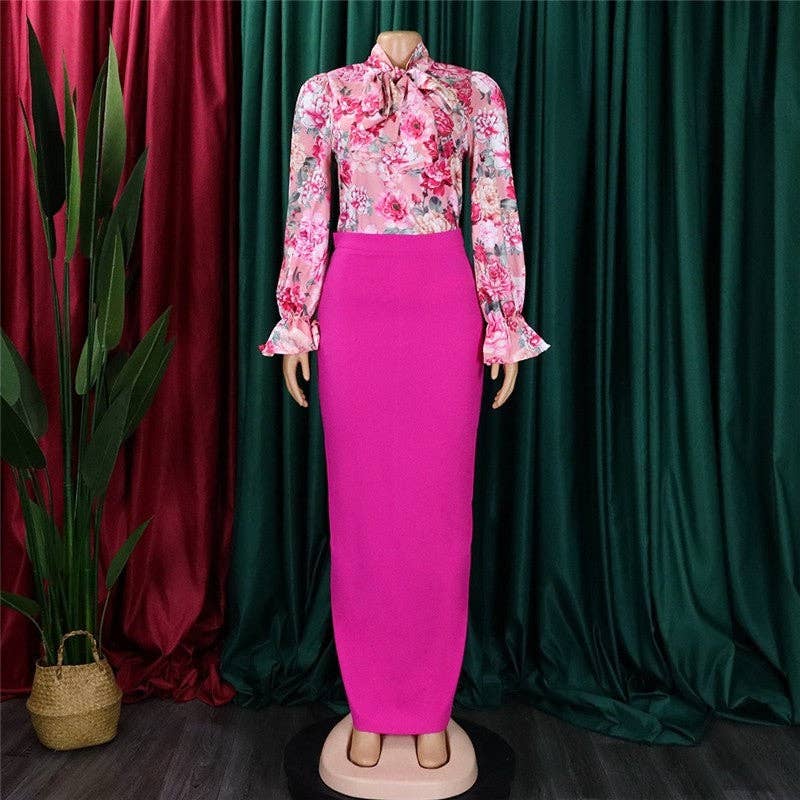 Fashion Printed Long Sleeve Shirt Half Body Skirt Set