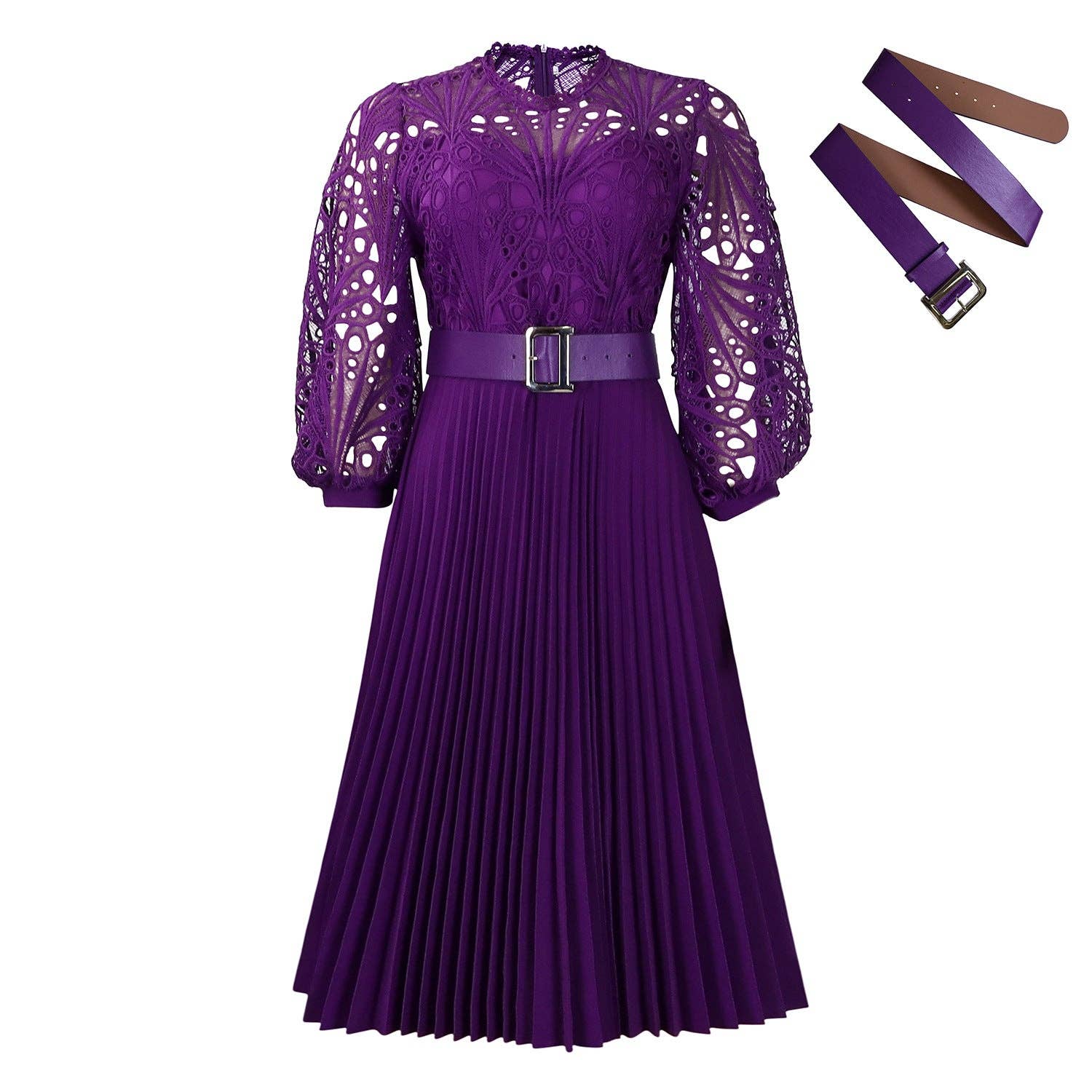 DREAM VERA APPAREL - Elegant Solid Color Lace Midi Dress with Pleats