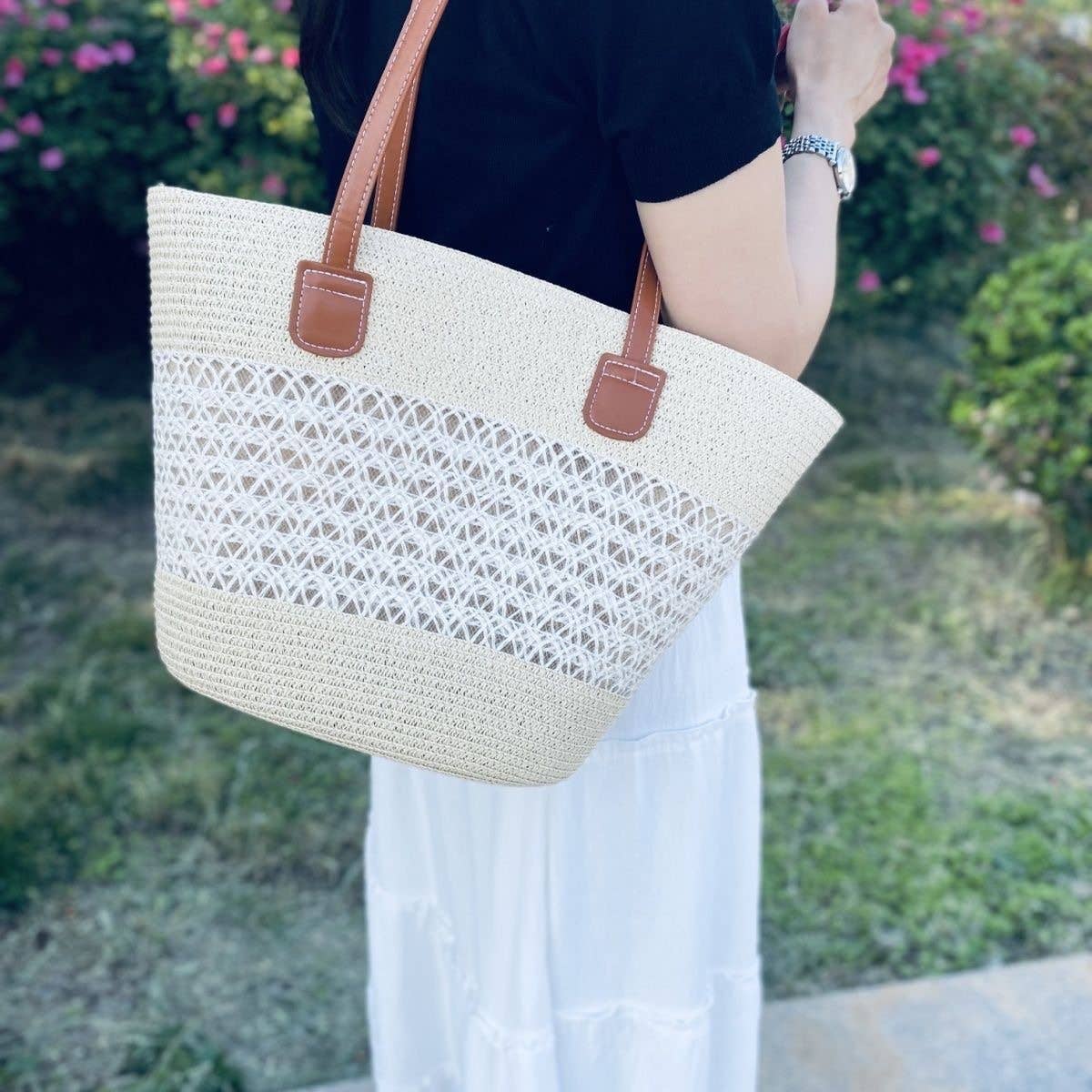 Large Capacity Straw Tote Bag & Wide Brim Sun Hat Set For Outdoor Travel