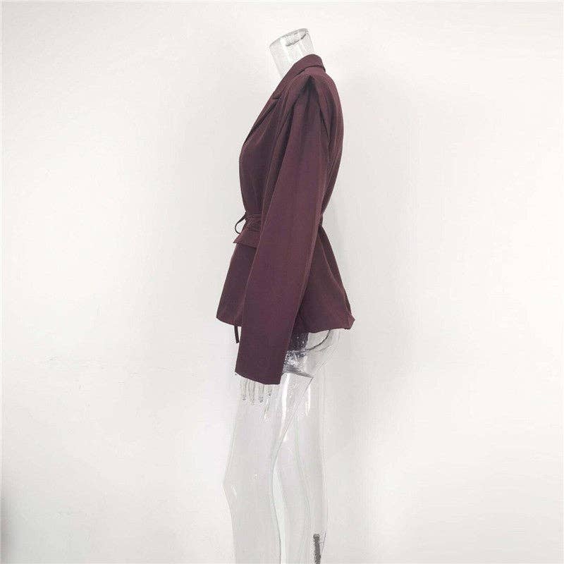 Solid Color Belted Shoulder Padded Blazer