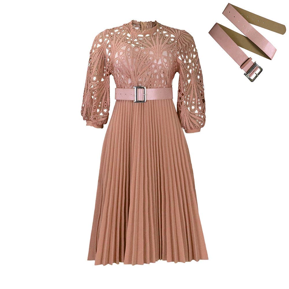 DREAM VERA APPAREL - Elegant Solid Color Lace Midi Dress with Pleats
