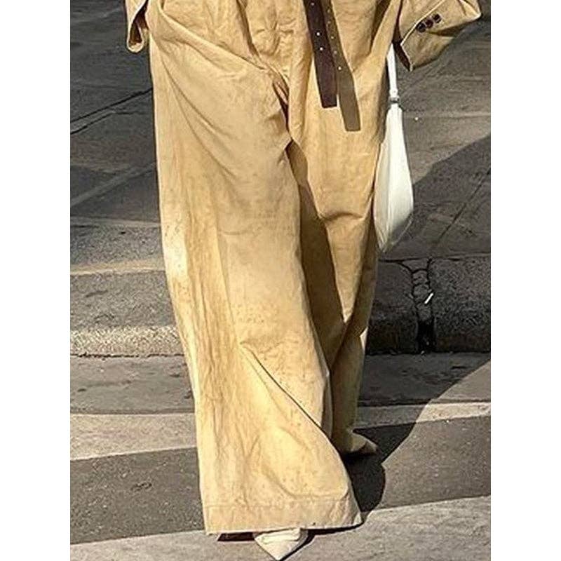 Long Sleeves Buttoned Collarless Outerwear Top + Wide Leg Belted Jumpsuits Two Pieces Set