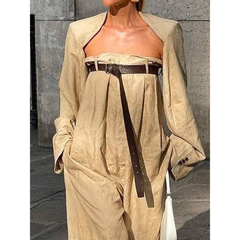 Long Sleeves Buttoned Collarless Outerwear Top + Wide Leg Belted Jumpsuits Two Pieces Set