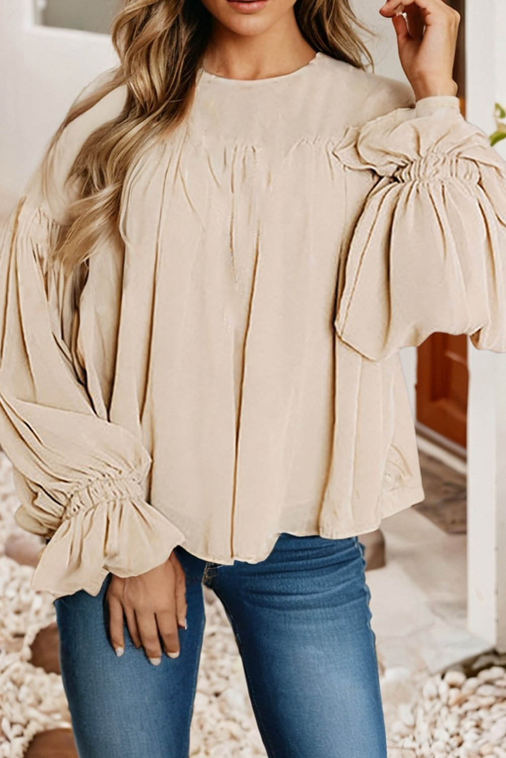 LDC Pleated Ruffle Long Sleeve Chiffon Blouse