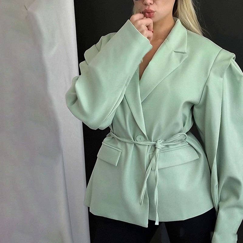 Solid Color Belted Shoulder Padded Blazer