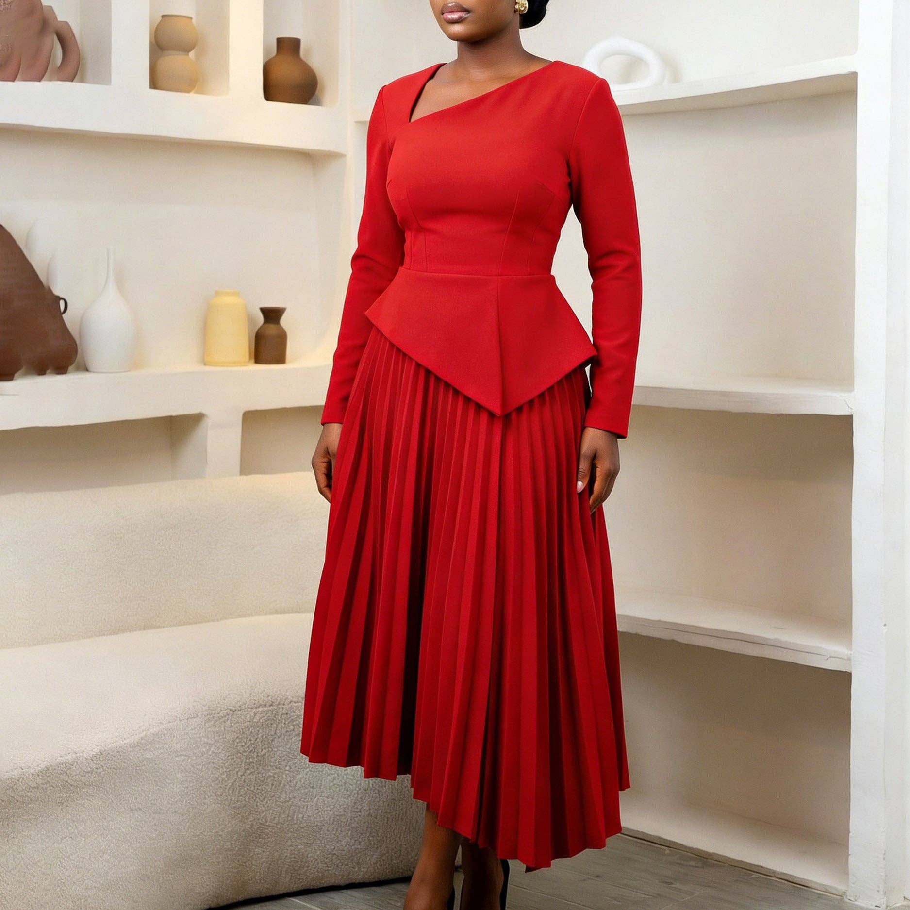 DREAM VERA APPAREL - Elegant Off-Shoulder High-Waisted Midi Dress
