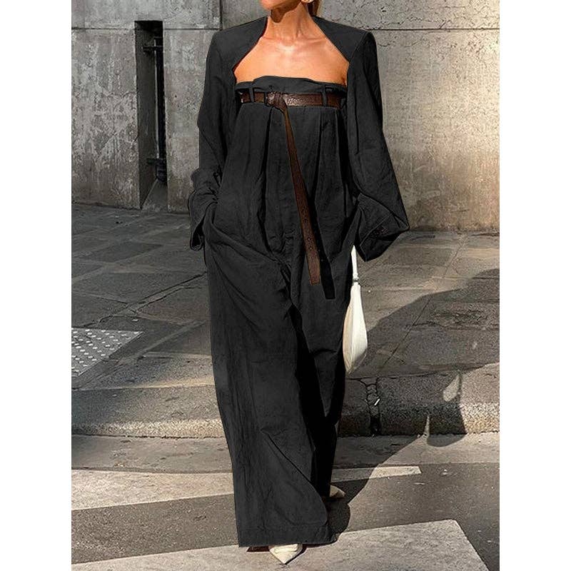 Long Sleeves Buttoned Collarless Outerwear Top + Wide Leg Belted Jumpsuits Two Pieces Set