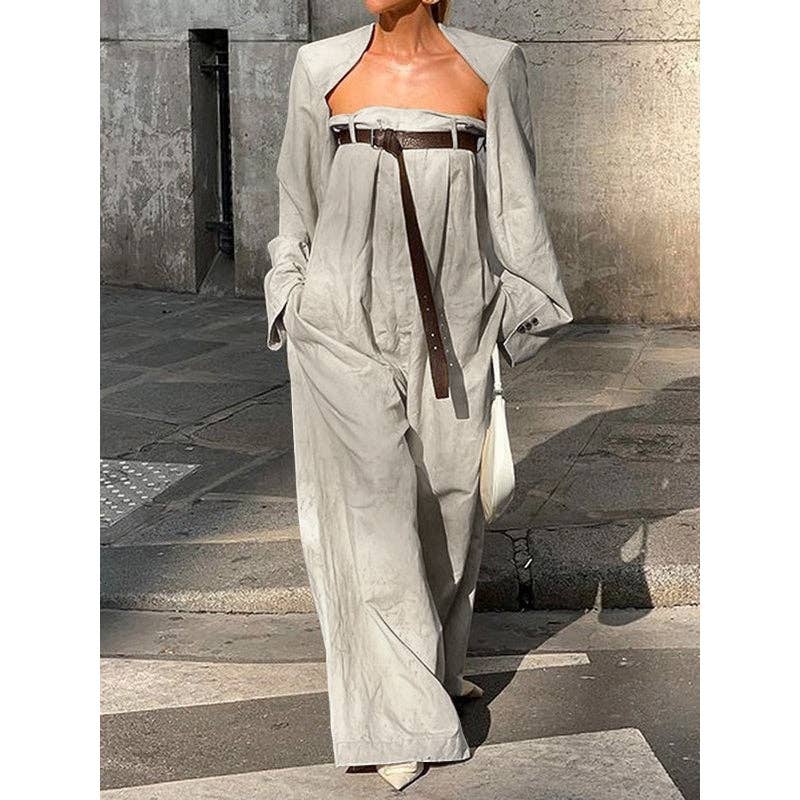 Long Sleeves Buttoned Collarless Outerwear Top + Wide Leg Belted Jumpsuits Two Pieces Set