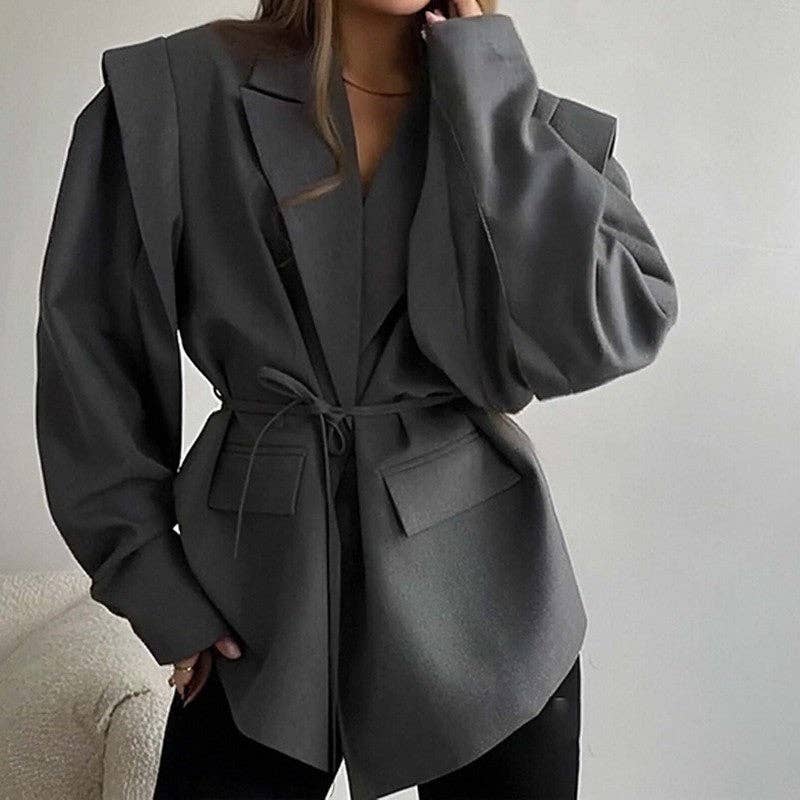 Solid Color Belted Shoulder Padded Blazer