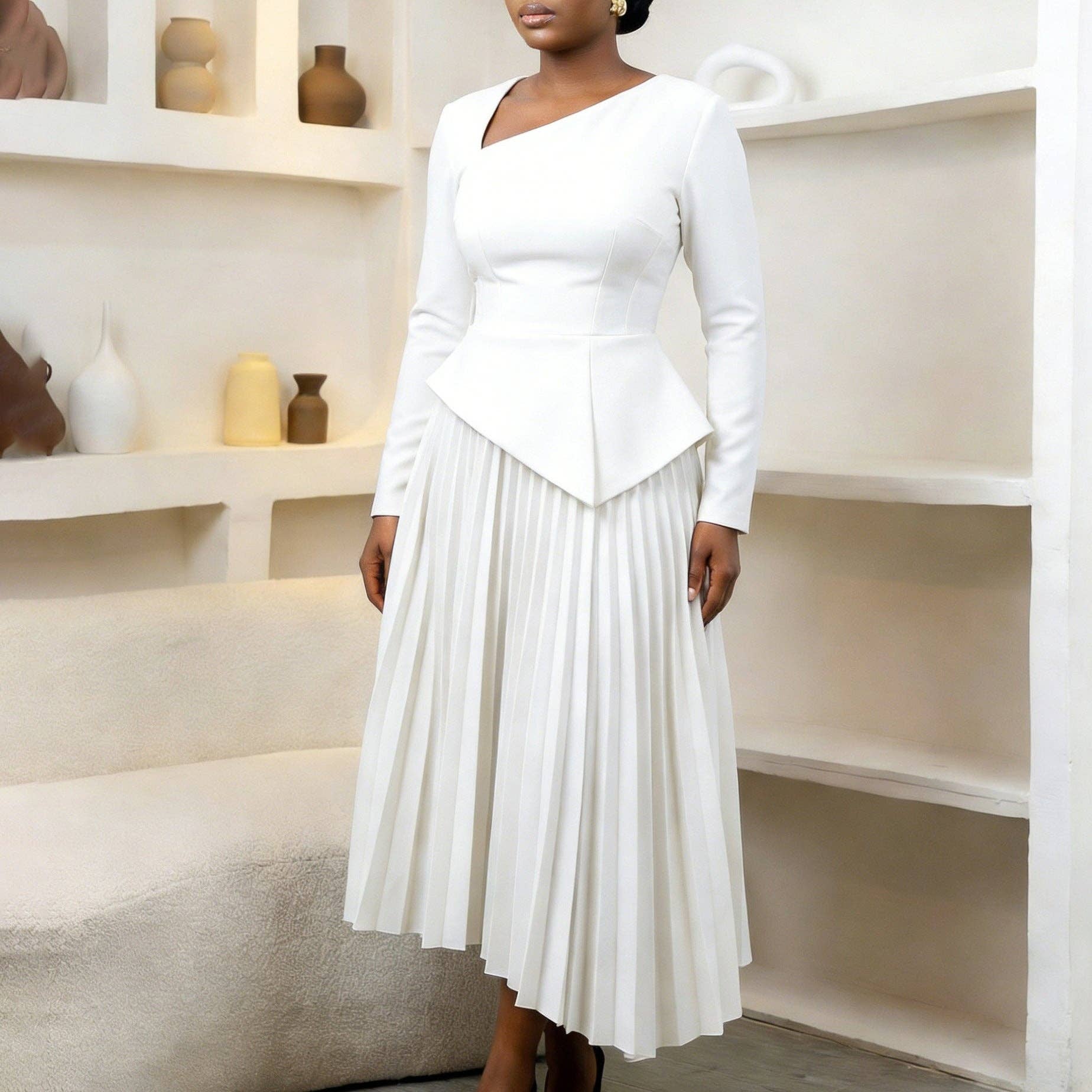 DREAM VERA APPAREL - Elegant Off-Shoulder High-Waisted Midi Dress