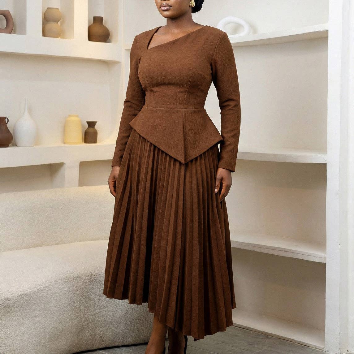 DREAM VERA APPAREL - Elegant Off-Shoulder High-Waisted Midi Dress