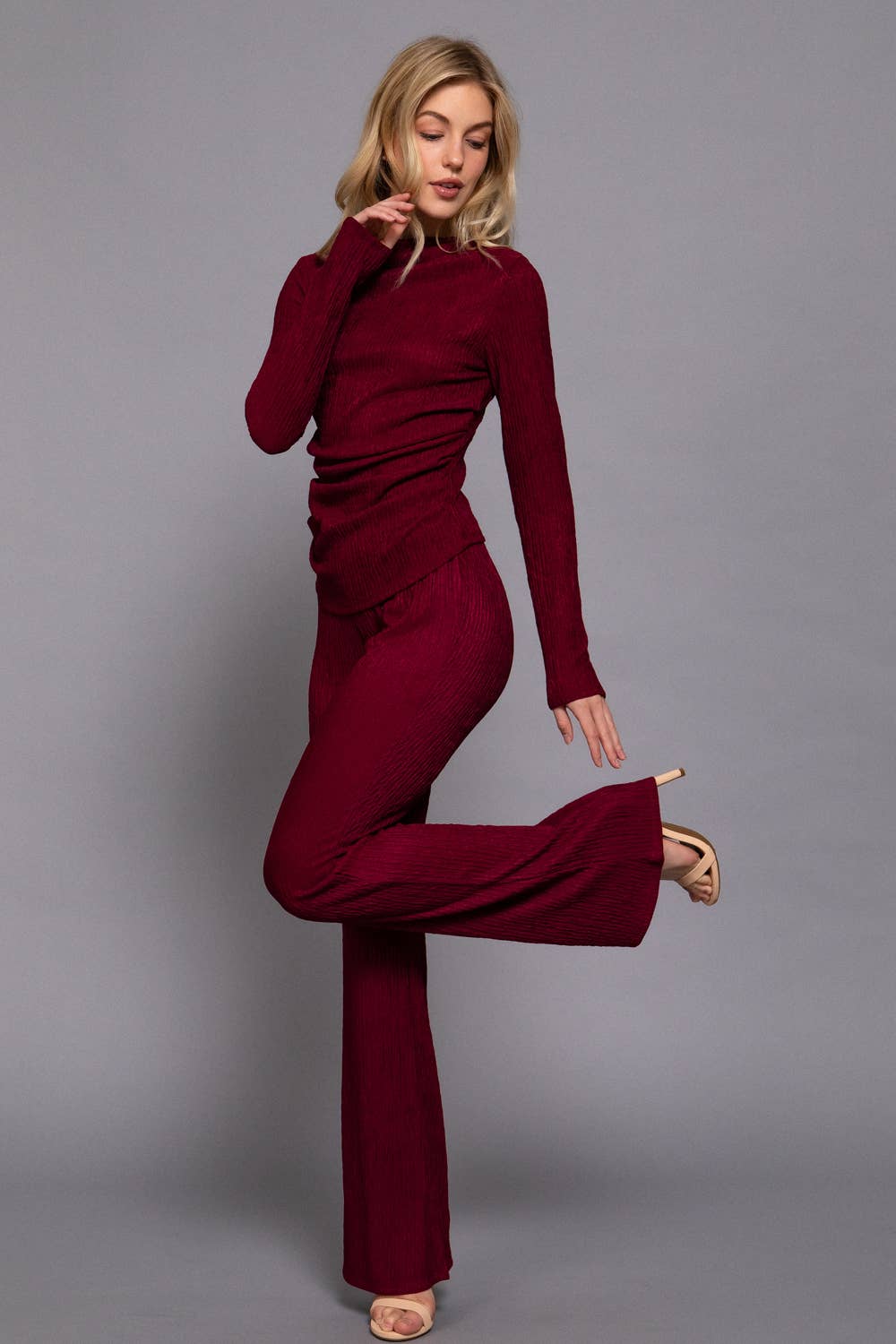 Long Sleeve Draped Top & Waist Band Flare Pants 2PC Set
