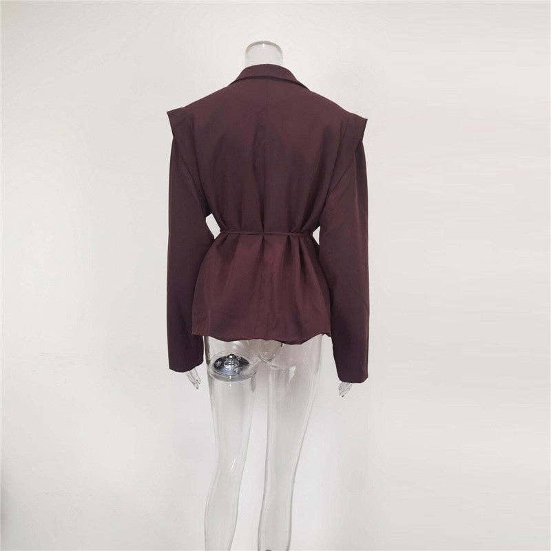 Solid Color Belted Shoulder Padded Blazer