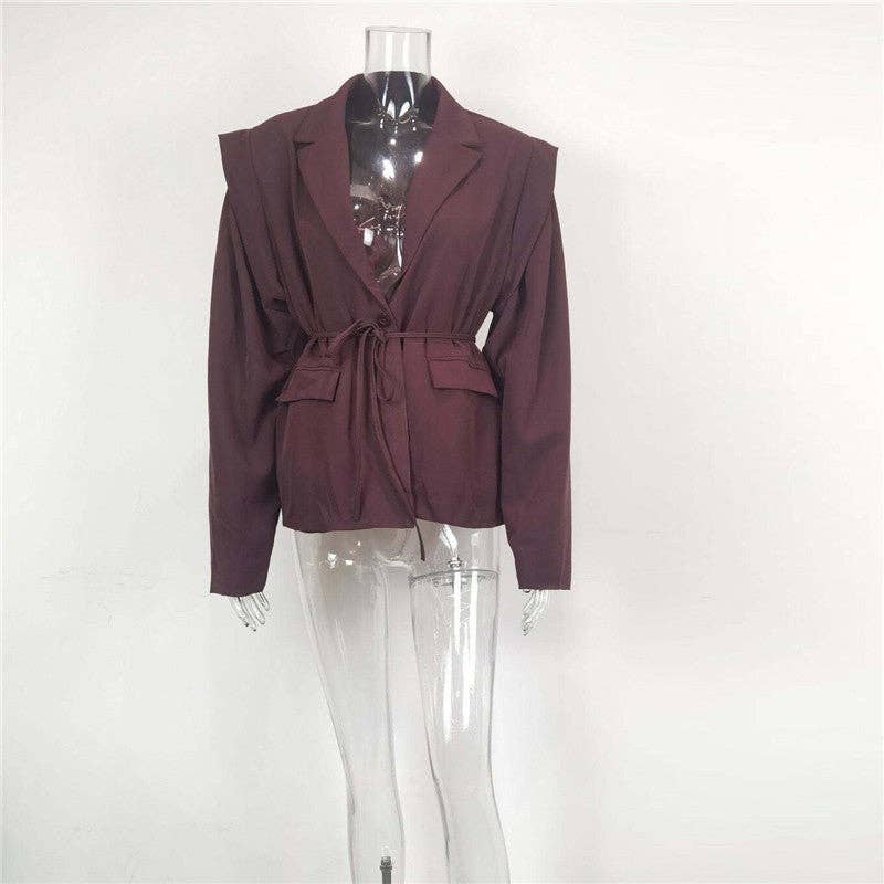 Solid Color Belted Shoulder Padded Blazer