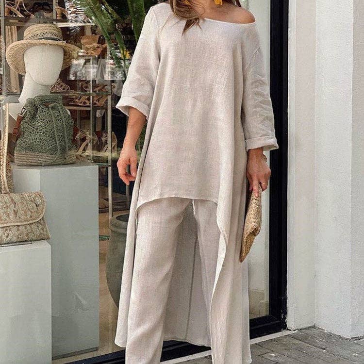New Women's Cotton Linen Casual Wide Leg Pants Two Piece Set