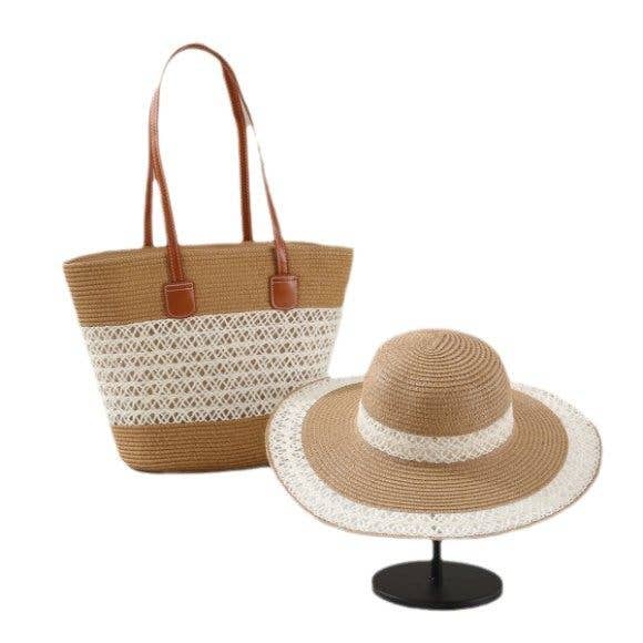 Large Capacity Straw Tote Bag & Wide Brim Sun Hat Set For Outdoor Travel