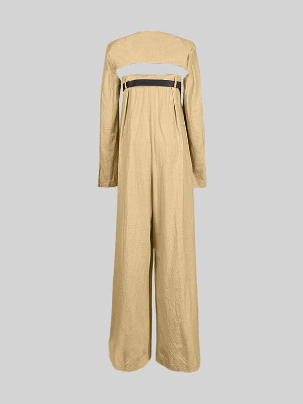 Long Sleeves Buttoned Collarless Outerwear Top + Wide Leg Belted Jumpsuits Two Pieces Set