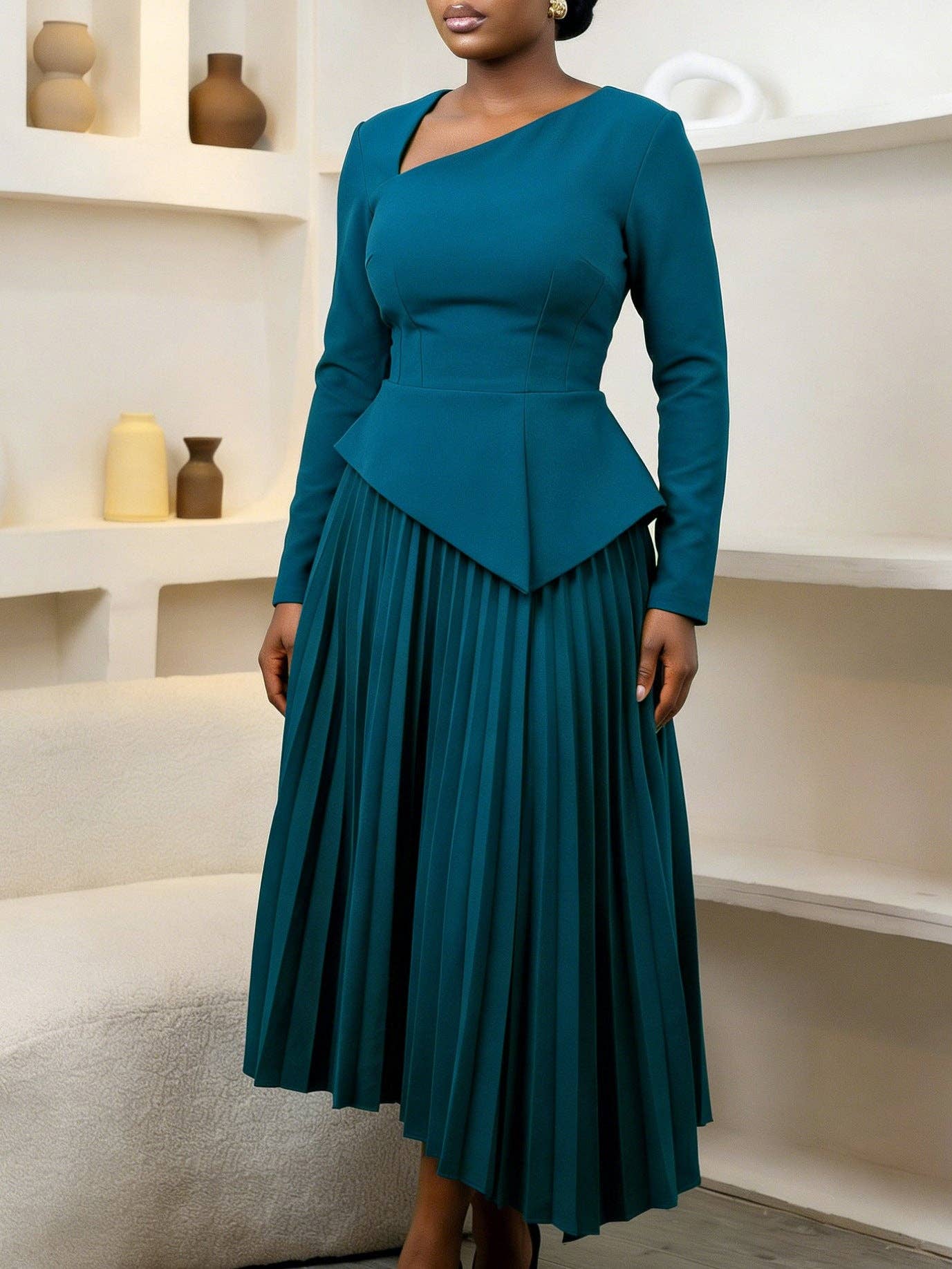 DREAM VERA APPAREL - Elegant Off-Shoulder High-Waisted Midi Dress