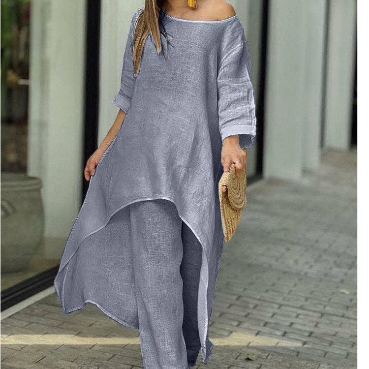 New Women's Cotton Linen Casual Wide Leg Pants Two Piece Set