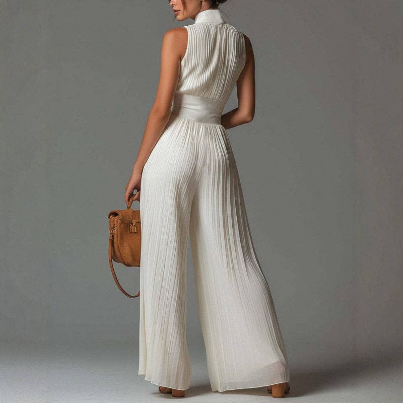 Crisscross Halter Jumpsuit Pleated Wide Leg Long