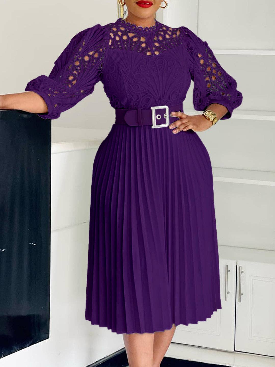 DREAM VERA APPAREL - Elegant Solid Color Lace Midi Dress with Pleats