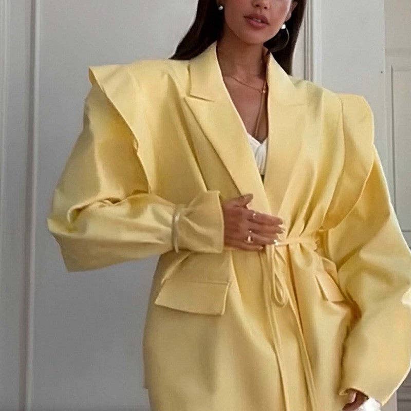 Solid Color Belted Shoulder Padded Blazer