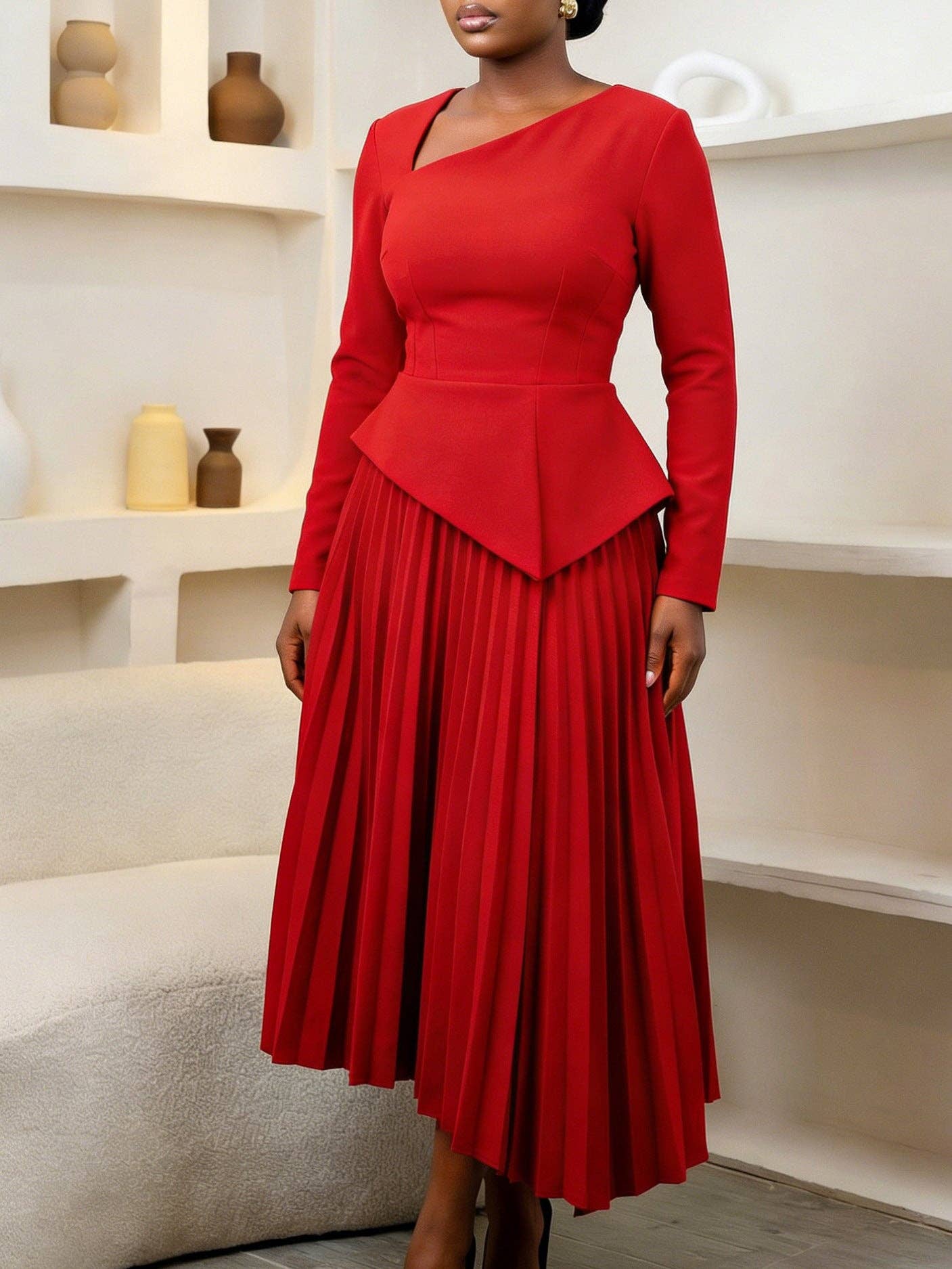 DREAM VERA APPAREL - Elegant Off-Shoulder High-Waisted Midi Dress
