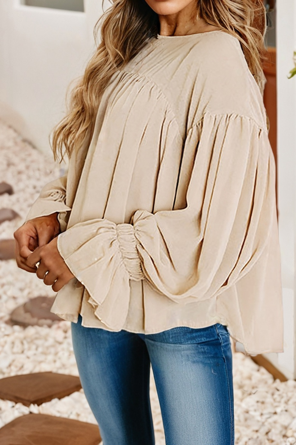 LDC Pleated Ruffle Long Sleeve Chiffon Blouse