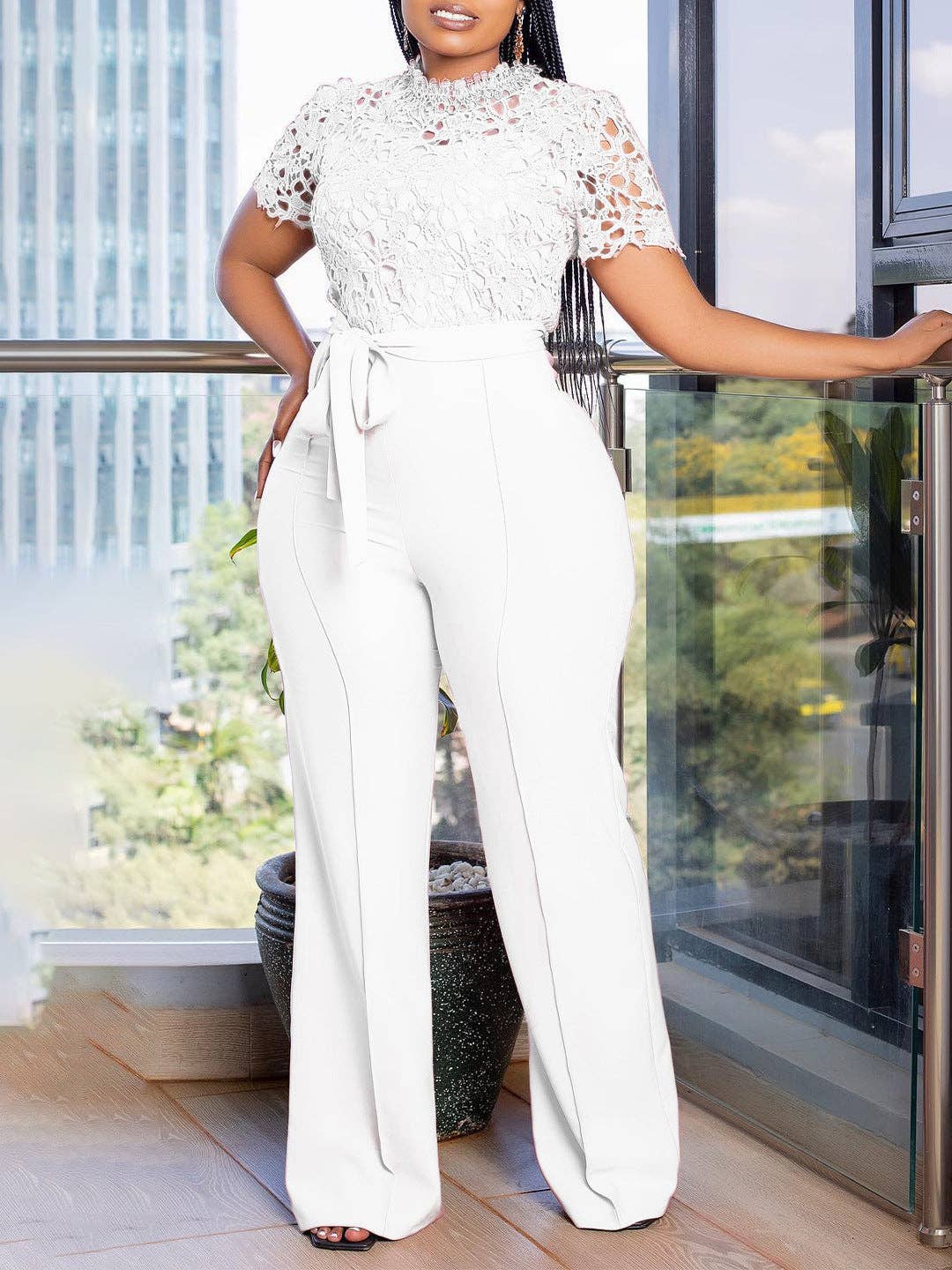 DREAM VERA APPAREL - Sexy Lace Trim Halter Jumpsuit Elegant Wide-Leg Pants