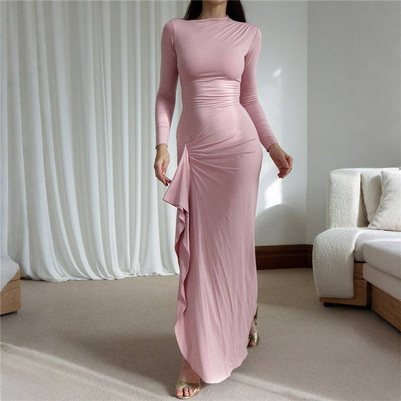 Solid Color Slim Long Sleeve Maxi Dress