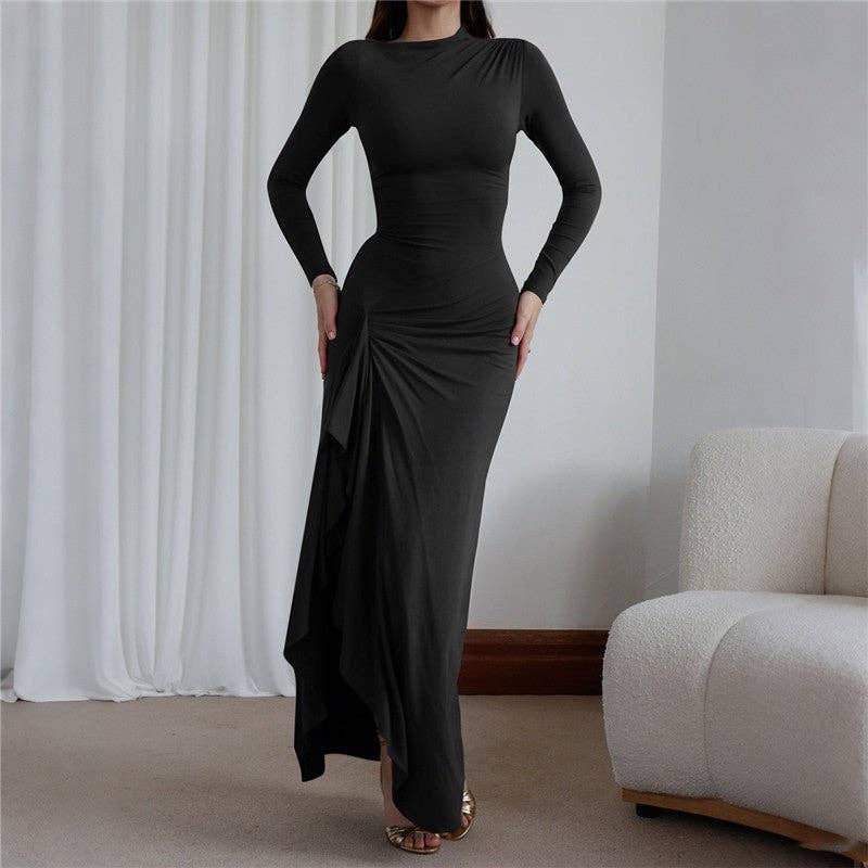 Solid Color Slim Long Sleeve Maxi Dress