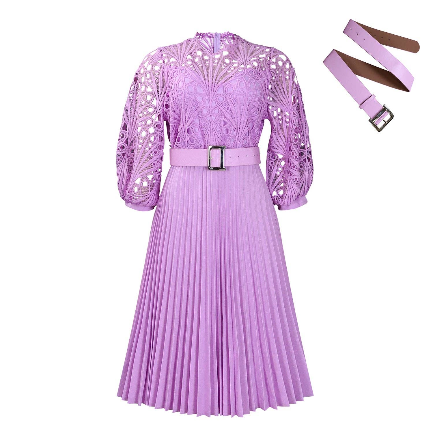 DREAM VERA APPAREL - Elegant Solid Color Lace Midi Dress with Pleats