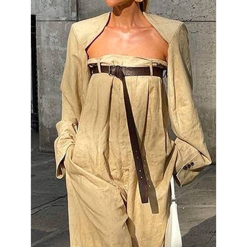 Long Sleeves Buttoned Collarless Outerwear Top + Wide Leg Belted Jumpsuits Two Pieces Set