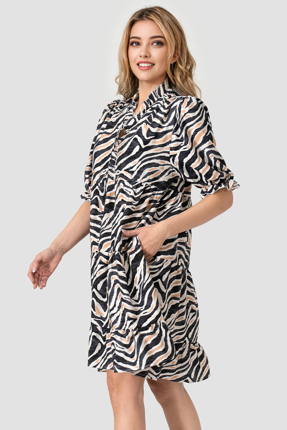 Shelly Dress – Short Sleeve Ruffle Black Animal Print