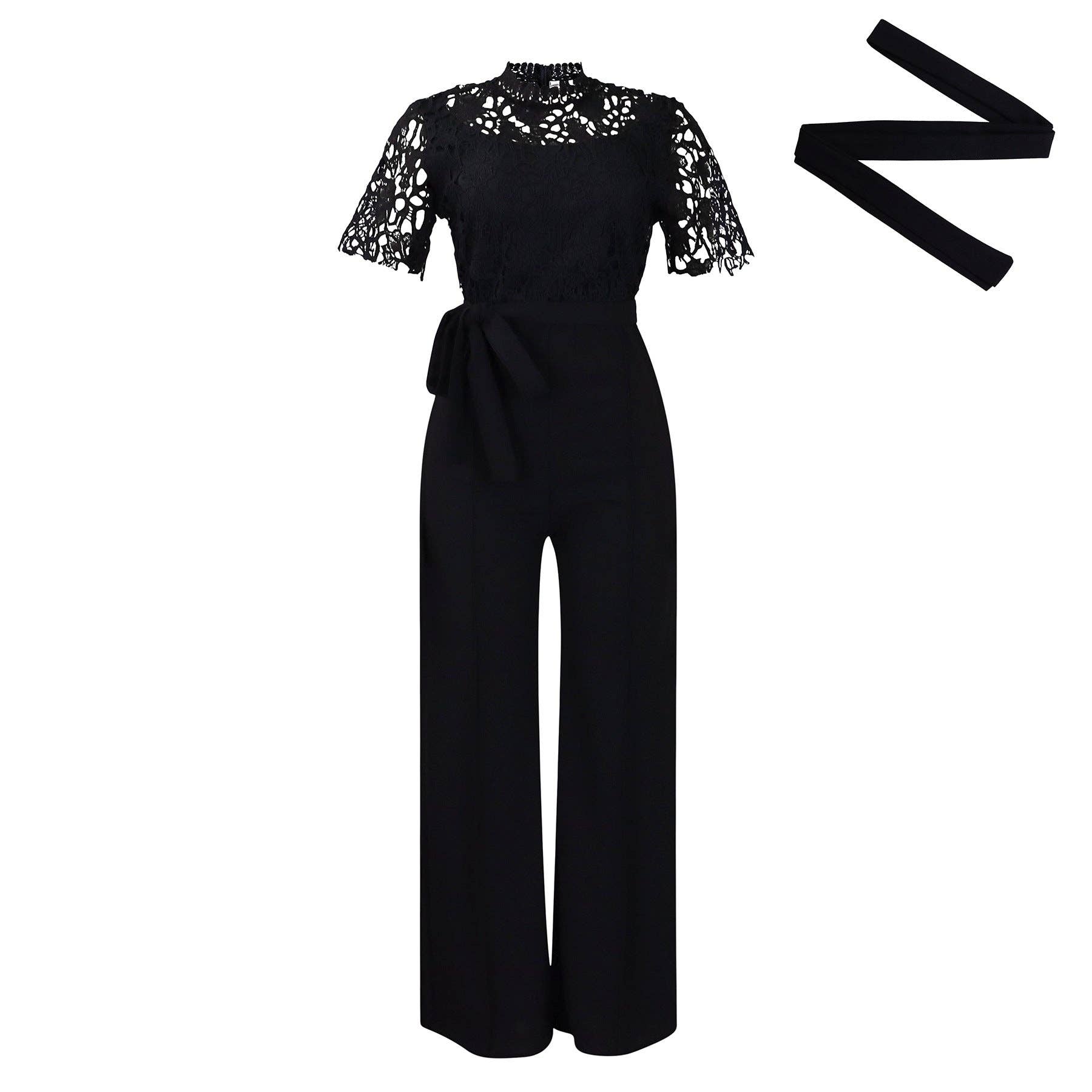DREAM VERA APPAREL - Sexy Lace Trim Halter Jumpsuit Elegant Wide-Leg Pants