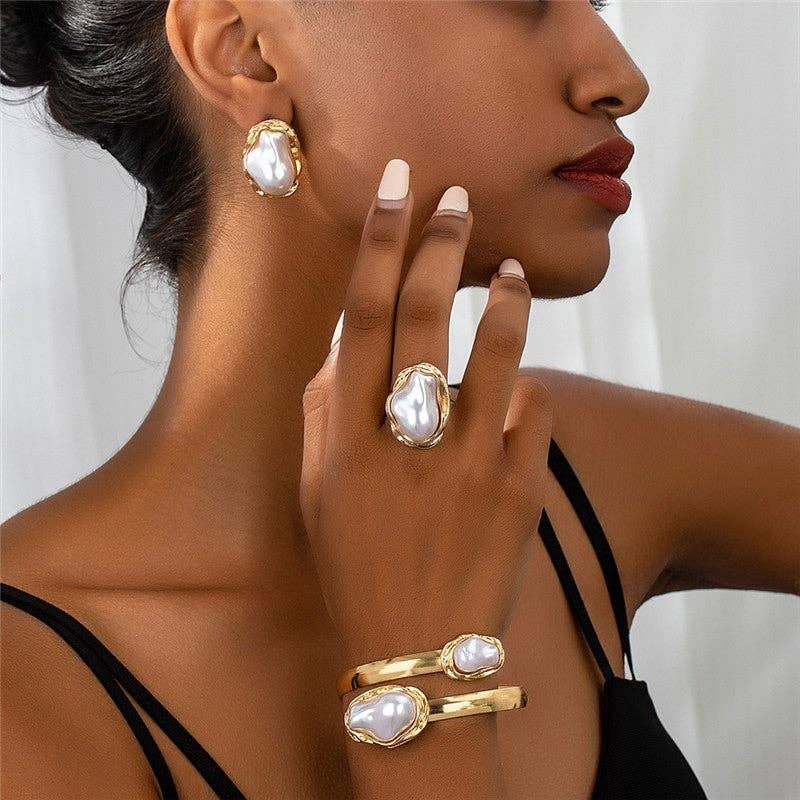 Simulated Pearl Earrings Ring Bracelet Set