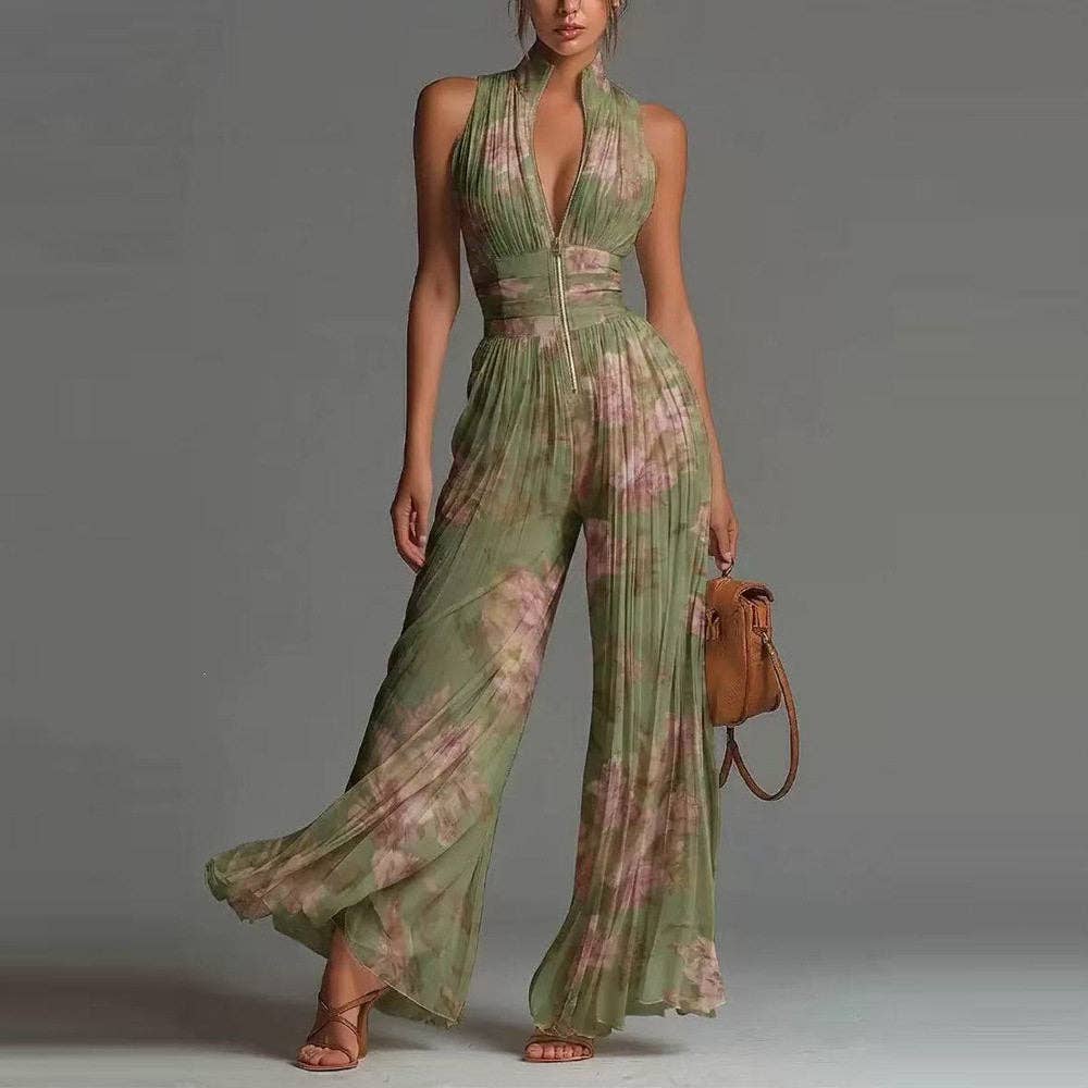 Crisscross Halter Jumpsuit Pleated Wide Leg Long