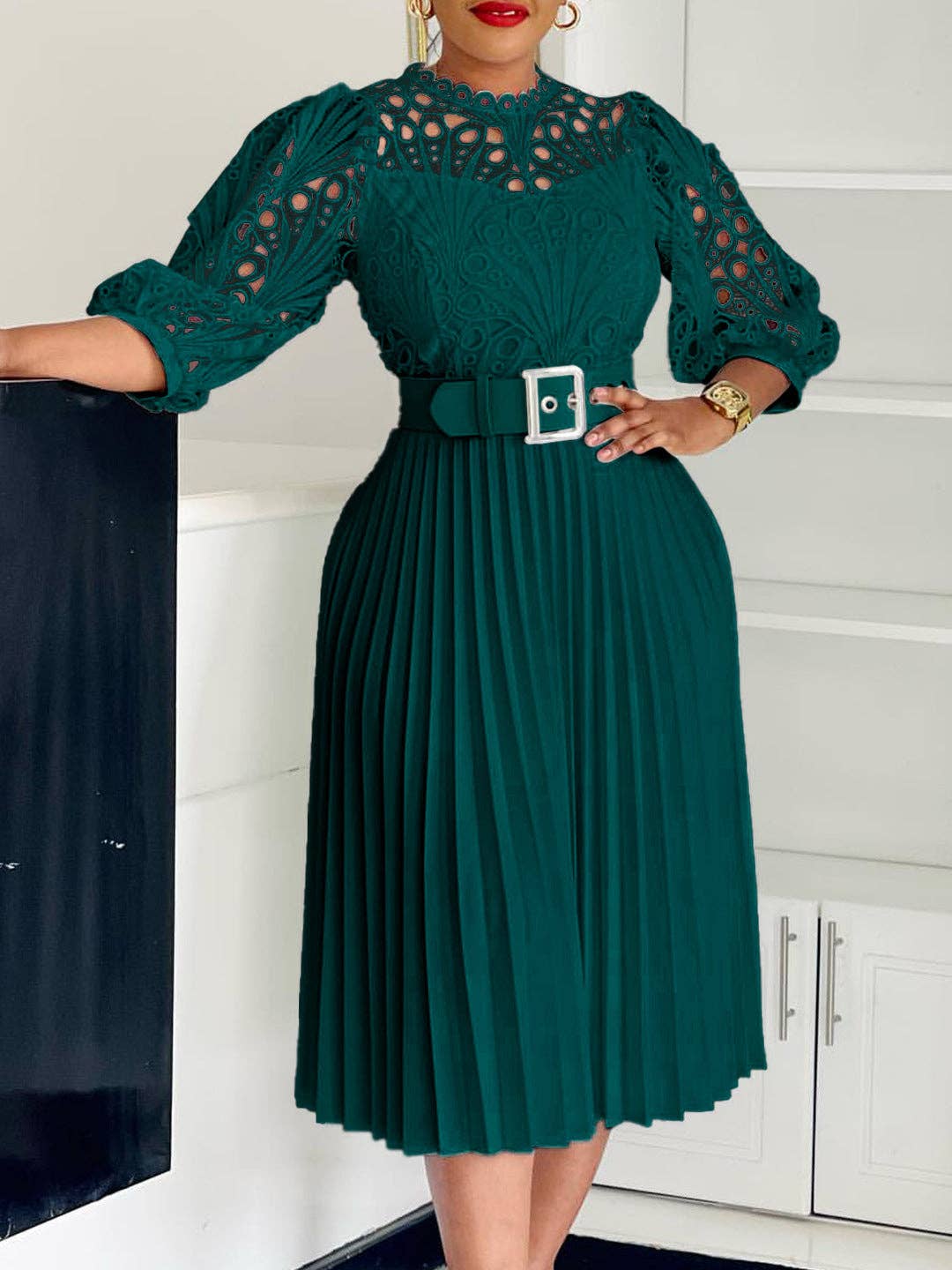 DREAM VERA APPAREL - Elegant Solid Color Lace Midi Dress with Pleats