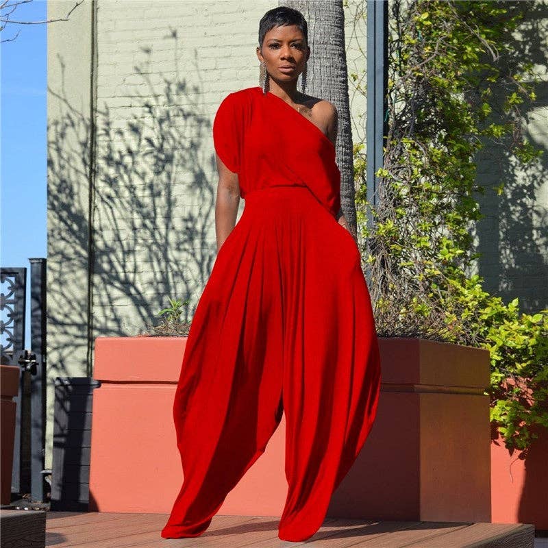 Solid Color Off Shoulder  Harem Pants  suit