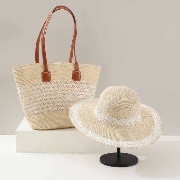 Large Capacity Straw Tote Bag & Wide Brim Sun Hat Set For Outdoor Travel